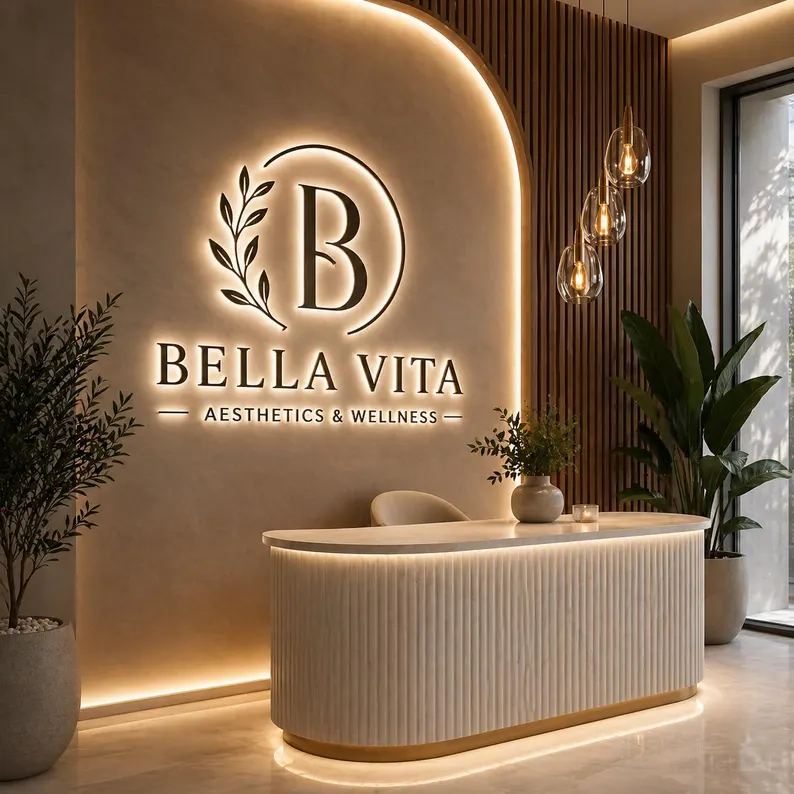 Bella Vita Aesthetics and Wellness backlit reception sign