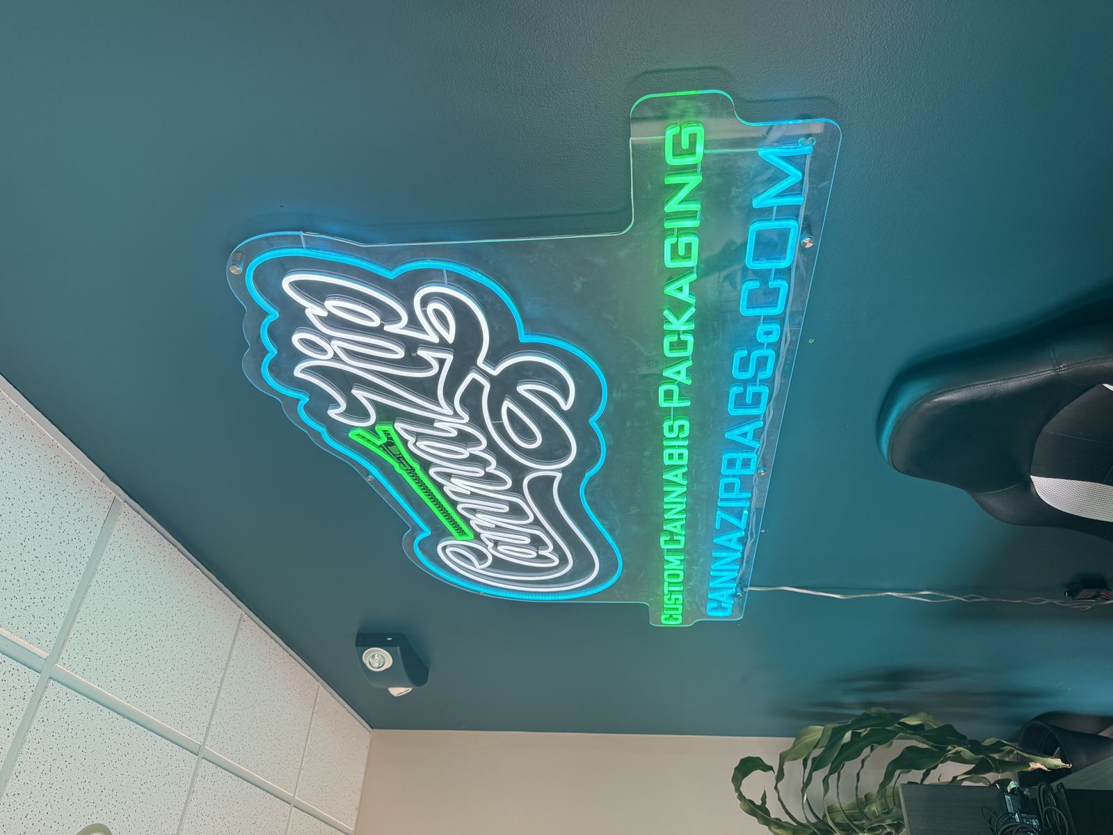 CannaZip Bags neon sign, installed